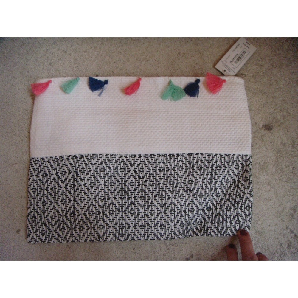 mIxit poms and tassles black white zippered‎ clutch large makeup bag lined NWT